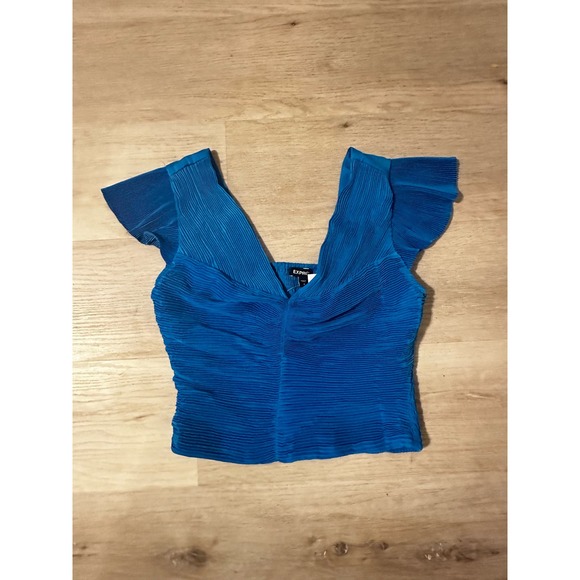 Express Women's Blue Pleated Flutter Sleeve Crop Top Sz Small - Picture 3 of 5